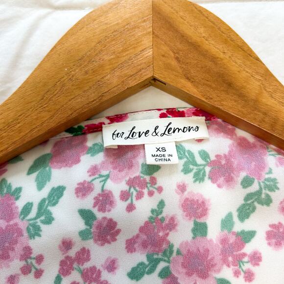 NWOT For Love & Lemons Petal Floral Puff Sleeve Tie Front Blouse Pink Green XS - Picture 5 of 8